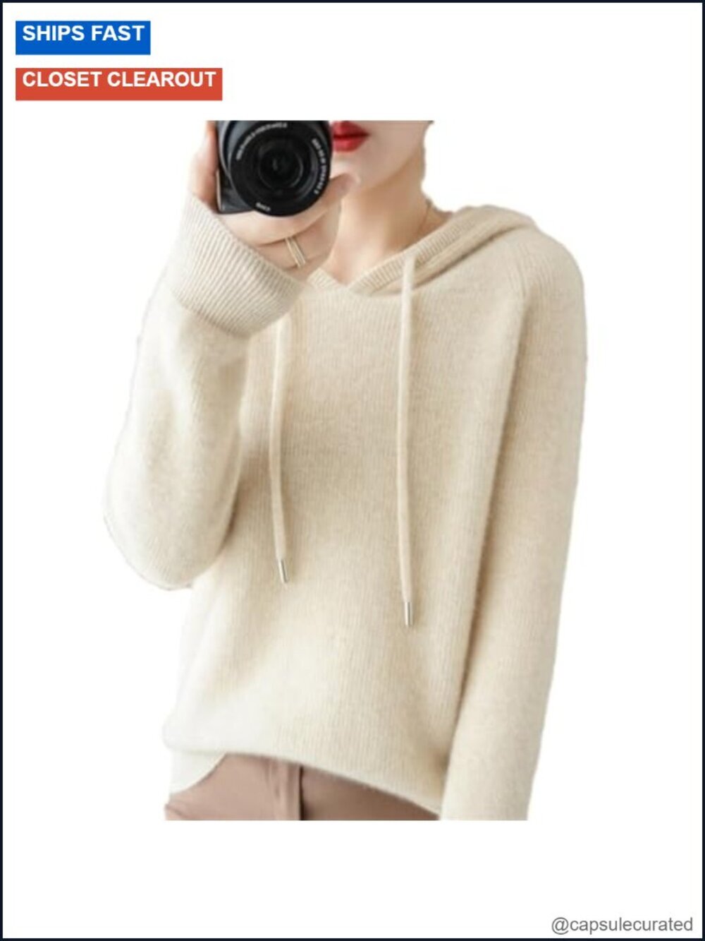 Cashmere Hoodie Sweater Pullover with Drawstring, Long Sleeve, Lightweight